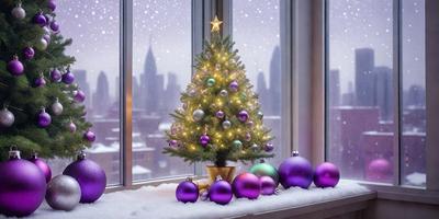 The primary subject of the image is a Christmas tree, which is placed in a window. The setting is a room with a window, and the visual style is a photo. The colors and mood of the image are predominantly purple, with the tree being the main focus and the surrounding environment being purple.